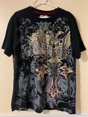 EUC Vintage Ruthless Art Shirt Mens 2XL Graphic Print Bedazzled Cross Y2K